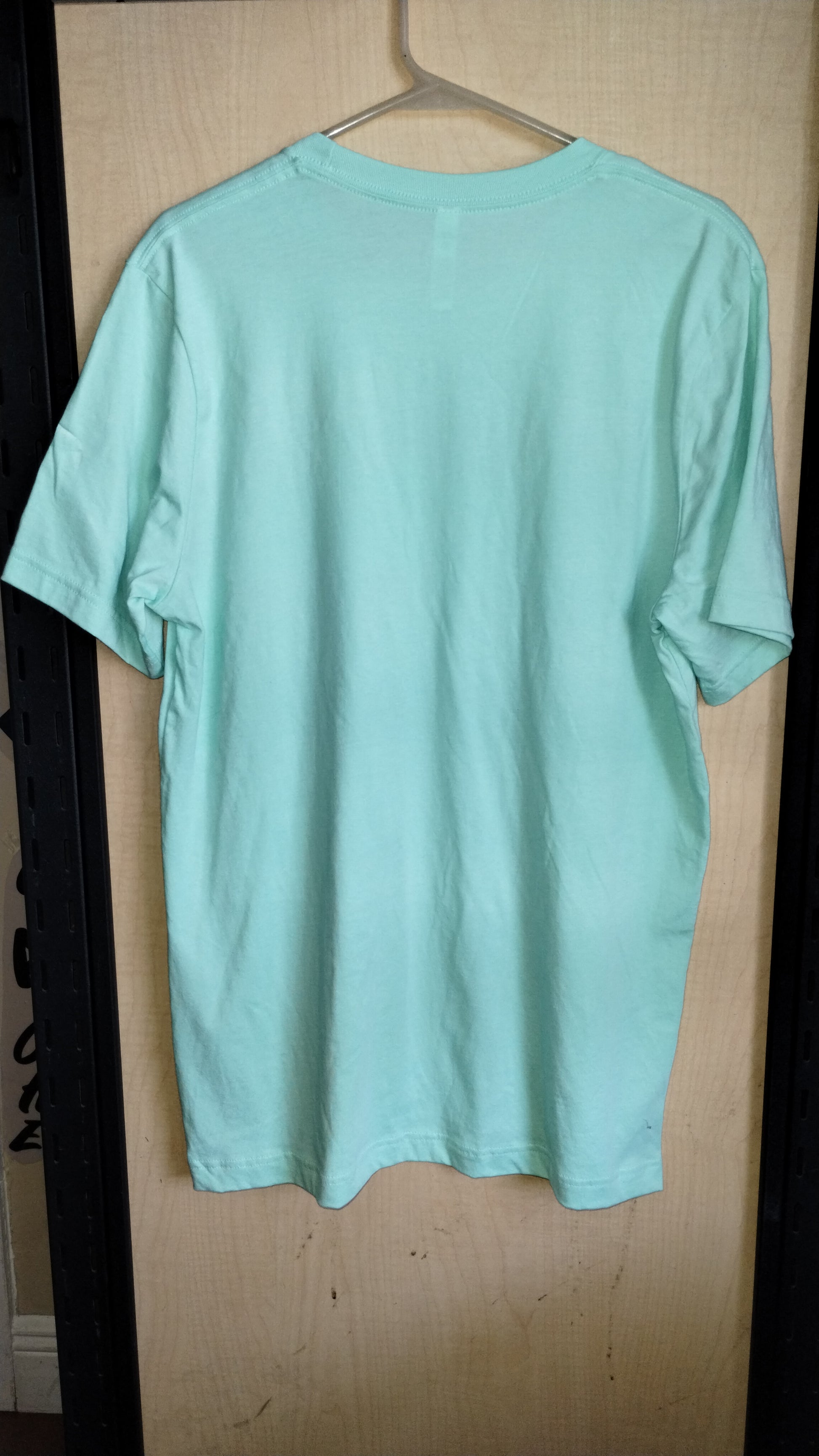 Mint color Tshirt on hanger. Back of shirt