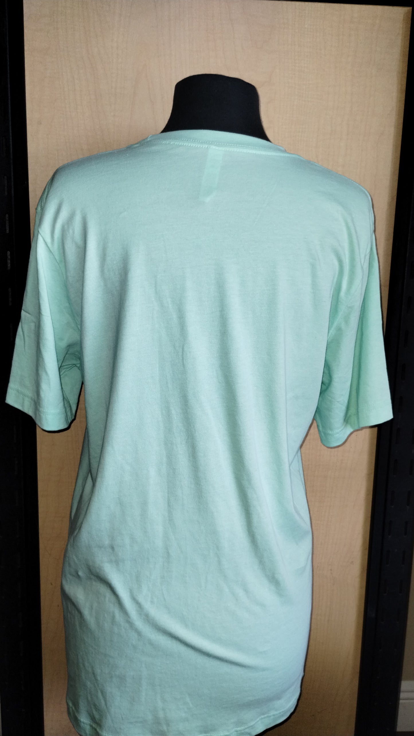 Back view of a manikin with mint shirt on.