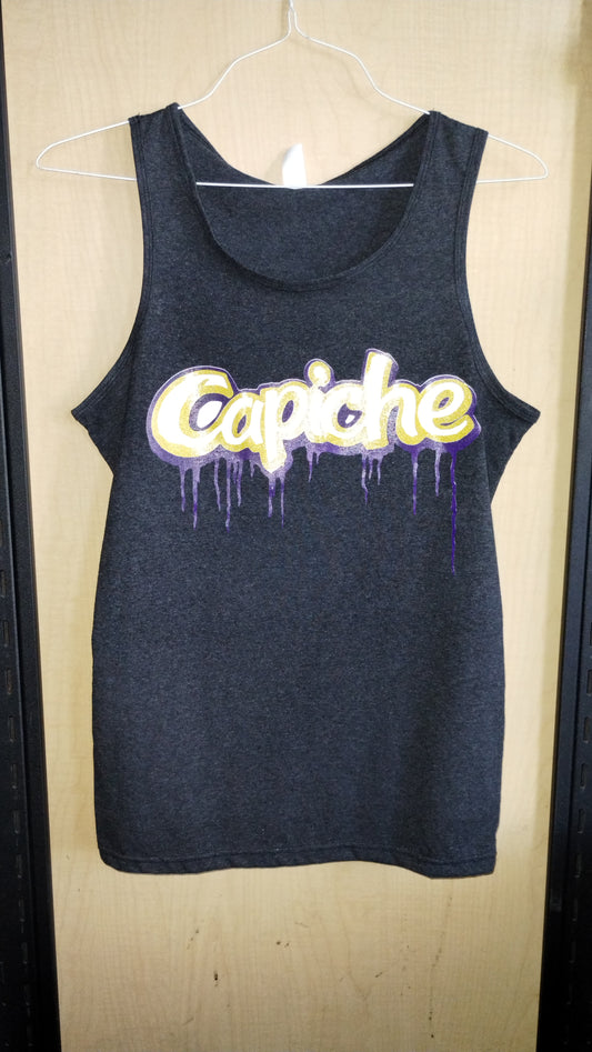 Heathered Grey Unisex Tank top on a hanger. Capiche logo printed on the front in white, gold, and purple inks.