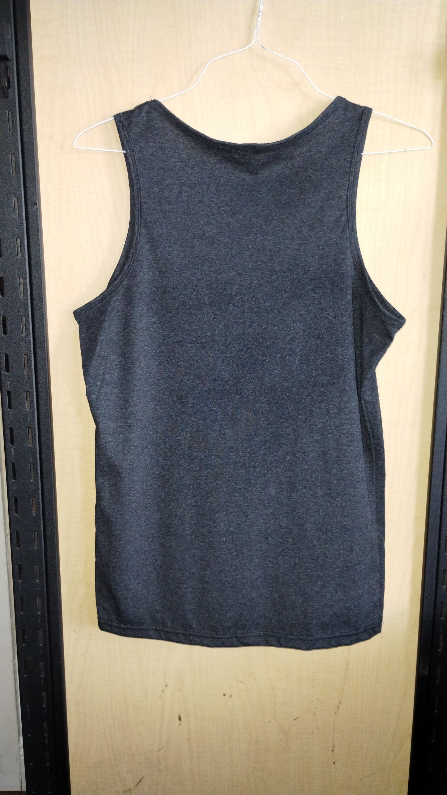 Back of heathered grey unisex tank on a hanger